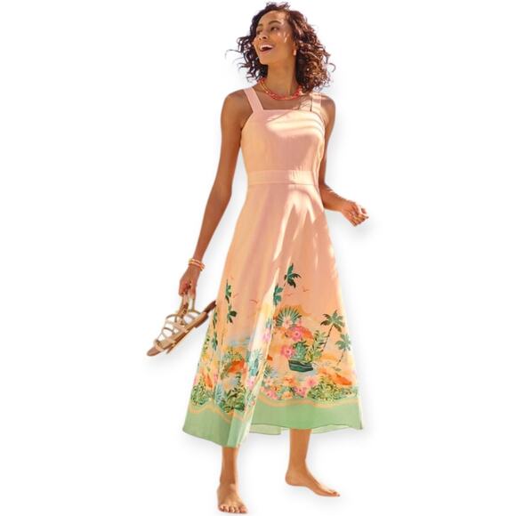 Talbots Linen Maxi Sunset Horizon Square Neck Sleeveless Tropical Peach Size 16W - Picture 1 of 14